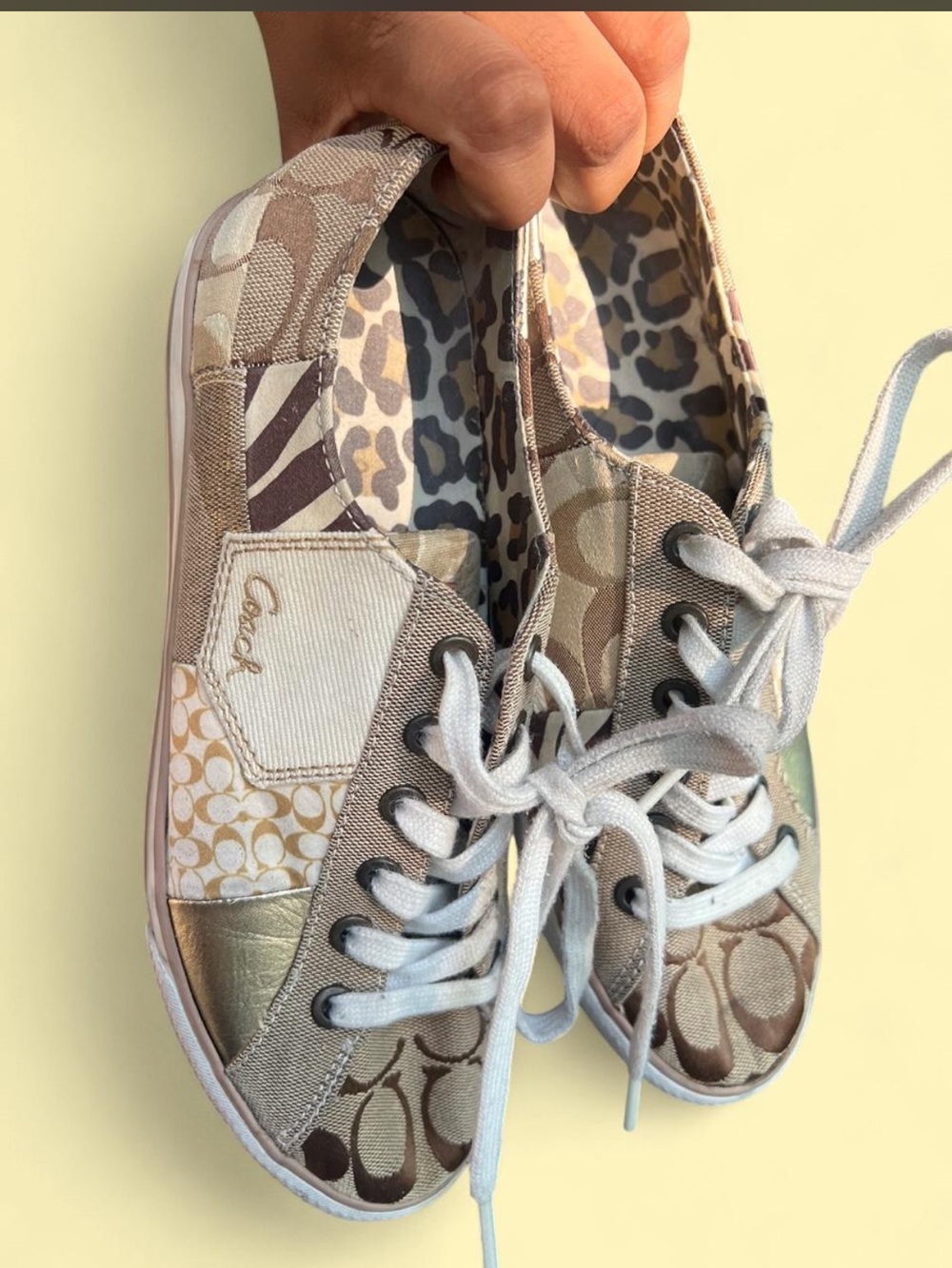 Coach Size 8Patchwork Signature Low-Top Sneakers in Beige, Brown and Gold